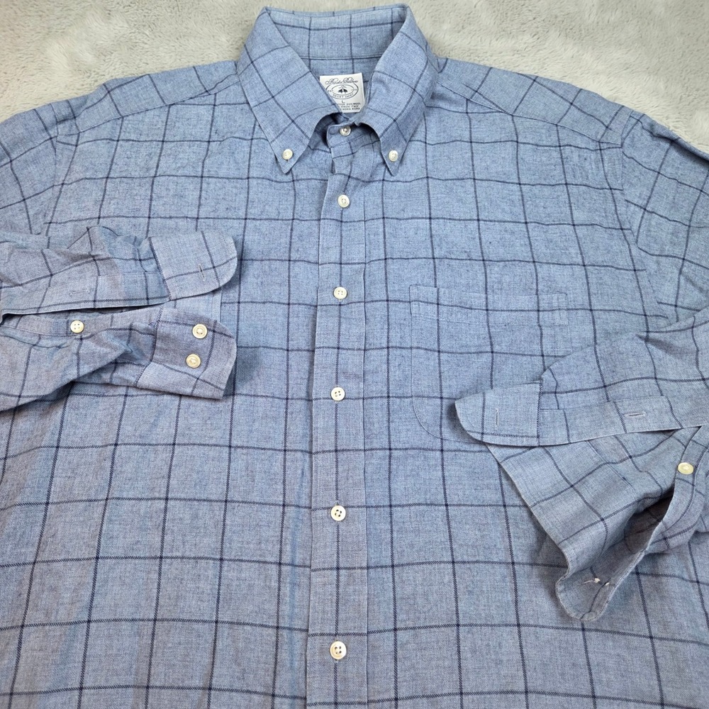 Brooks Brothers Wool Sport Shirt Mens L Windowpane Check Button Down Blue 80 Ch